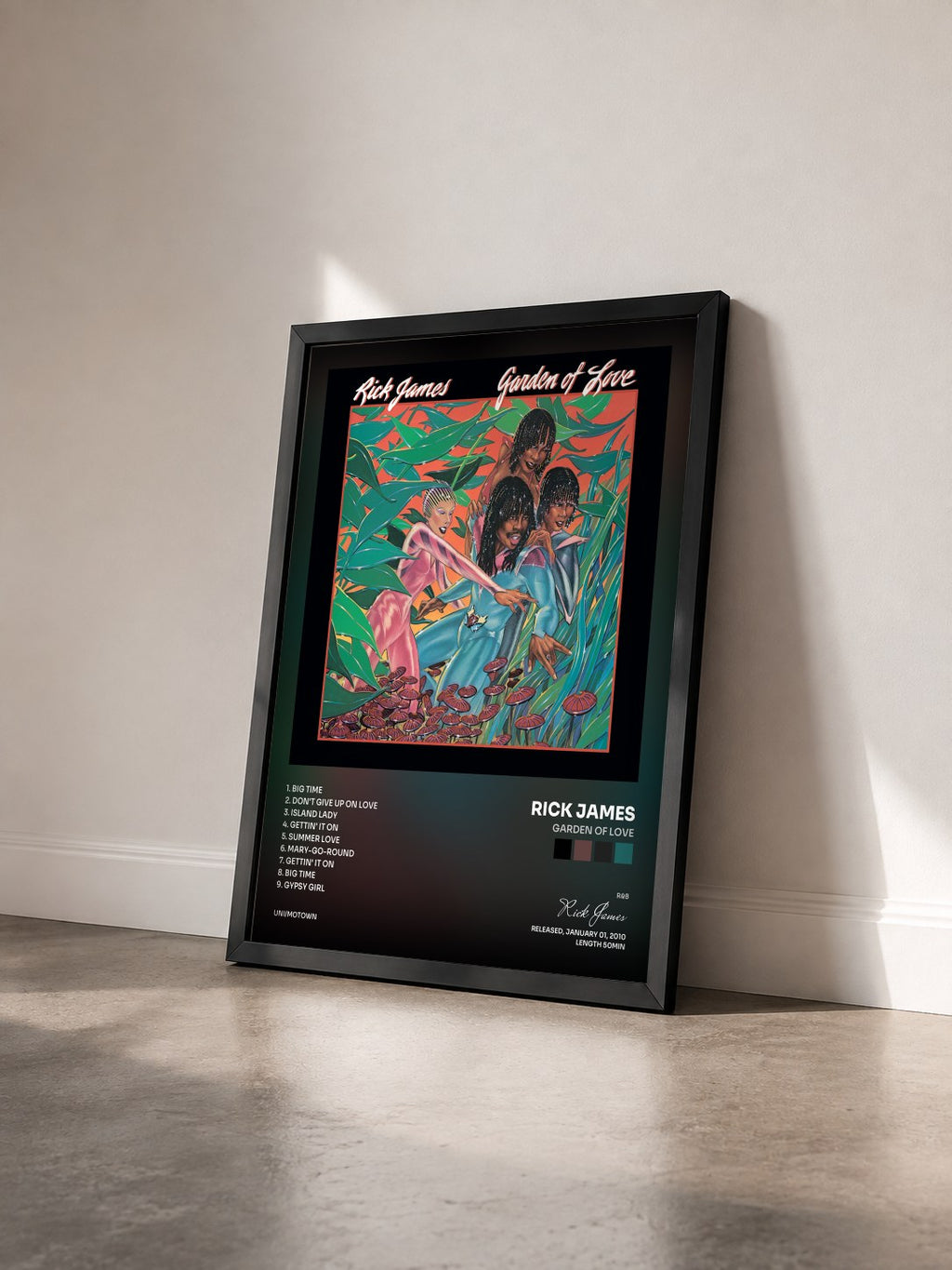 #noir Tableau de l'album Garden Of Love de Rick James vu de trois quarts, cadre noir