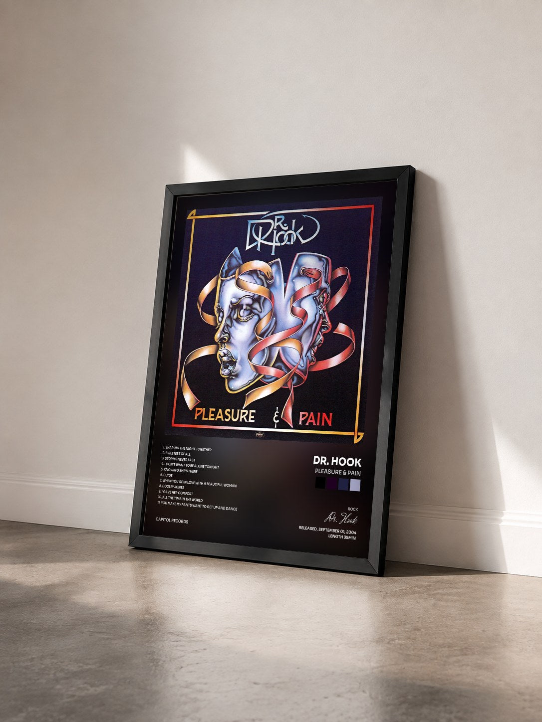 #noir Tableau de l'album Pleasure & Pain de Dr. Hook vu de trois quarts, cadre noir