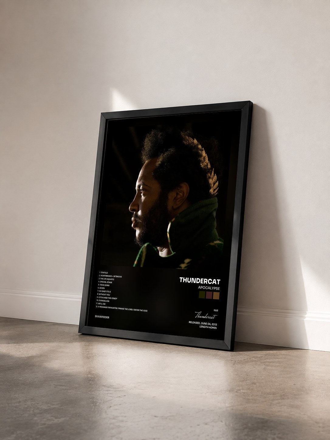 #noir Tableau de l'album Apocalypse de Thundercat vu de trois quarts, cadre noir