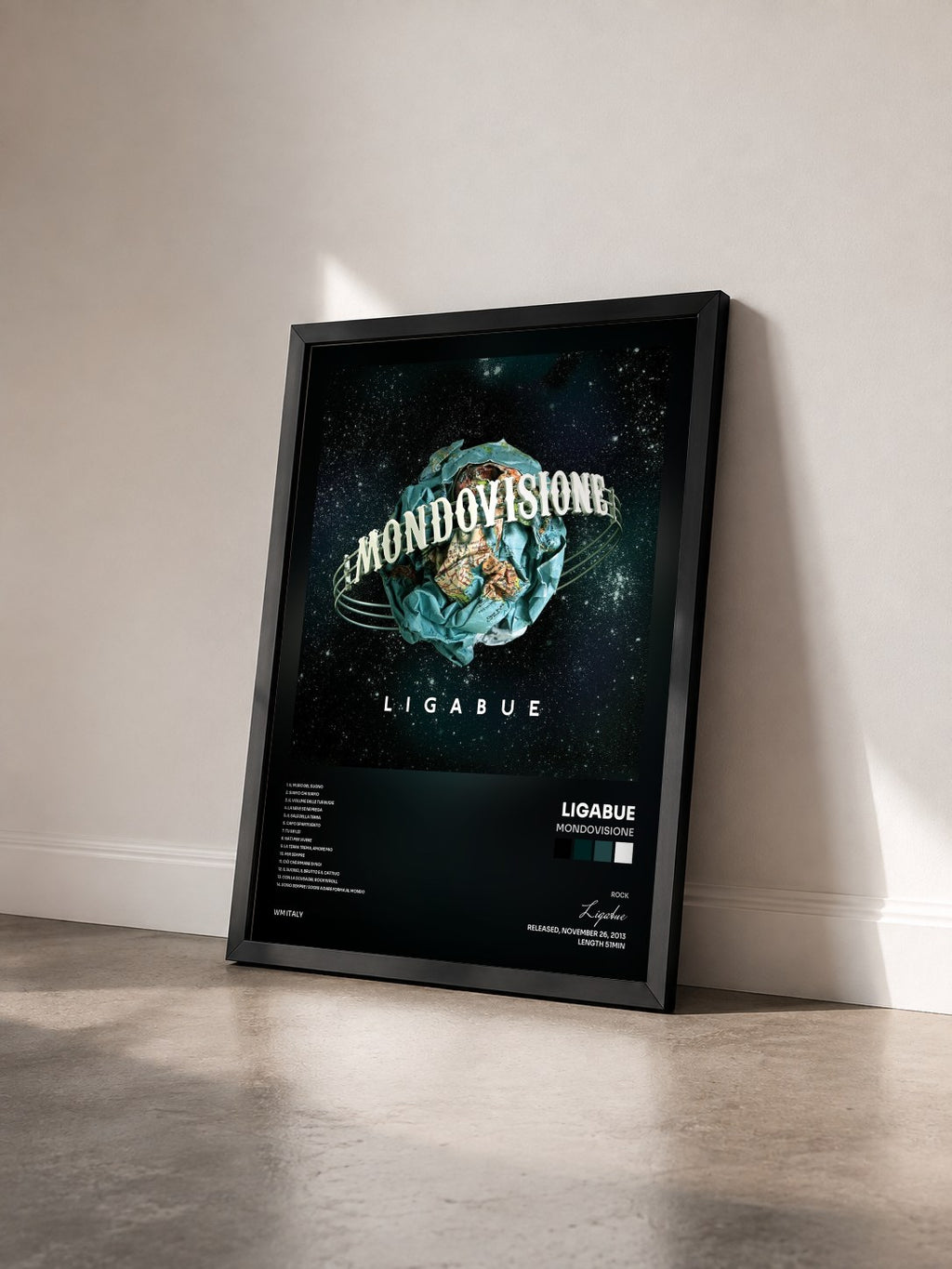 #noir Tableau de l'album Mondovisione de Ligabue vu de trois quarts, cadre noir