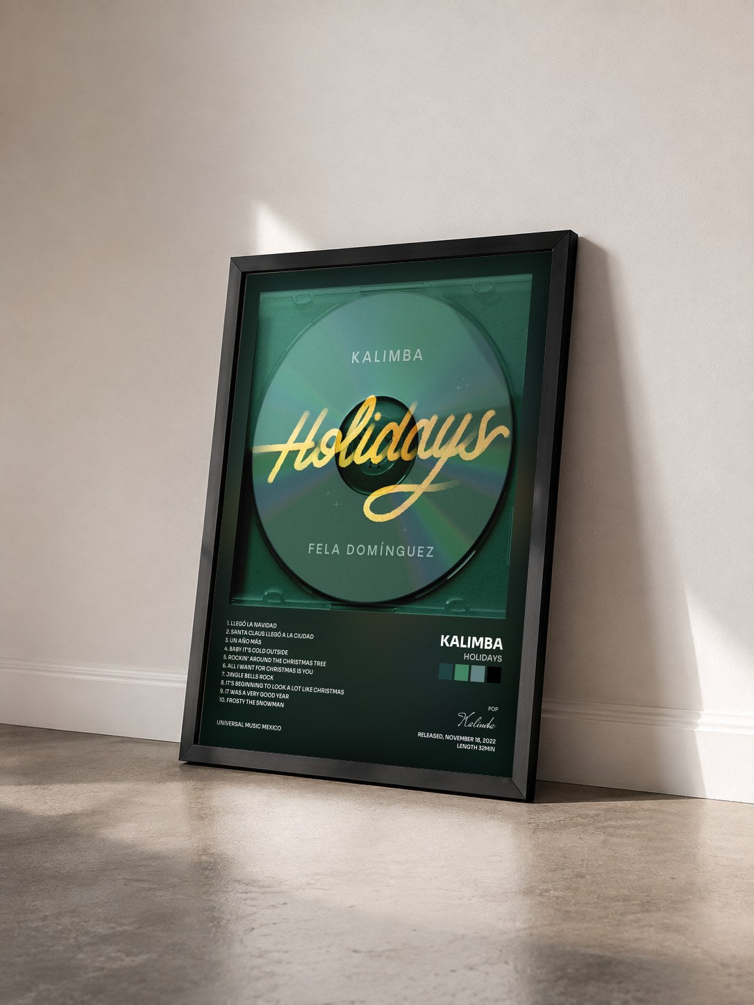#noir Tableau de l'album Holidays de Kalimba vu de trois quarts, cadre noir