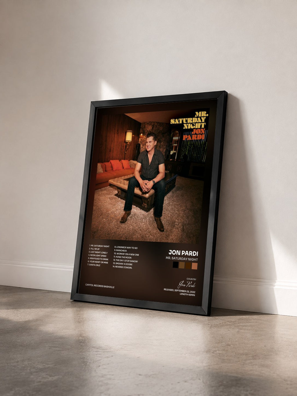 #noir Tableau de l'album Mr. Saturday Night de Jon Pardi vu de trois quarts, cadre noir