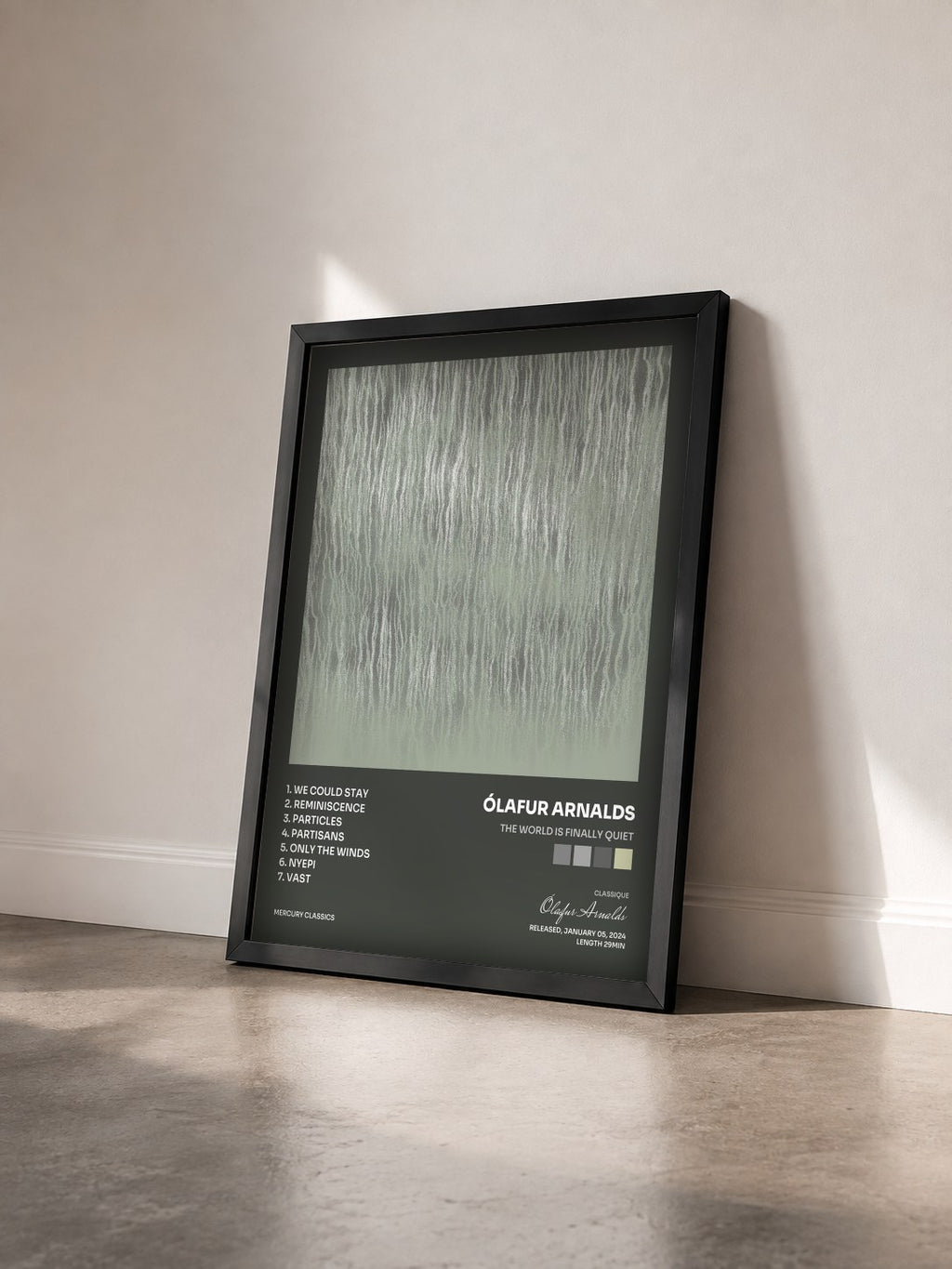 #noir Tableau de l'album the world is finally quiet de Ólafur Arnalds vu de trois quarts, cadre noir