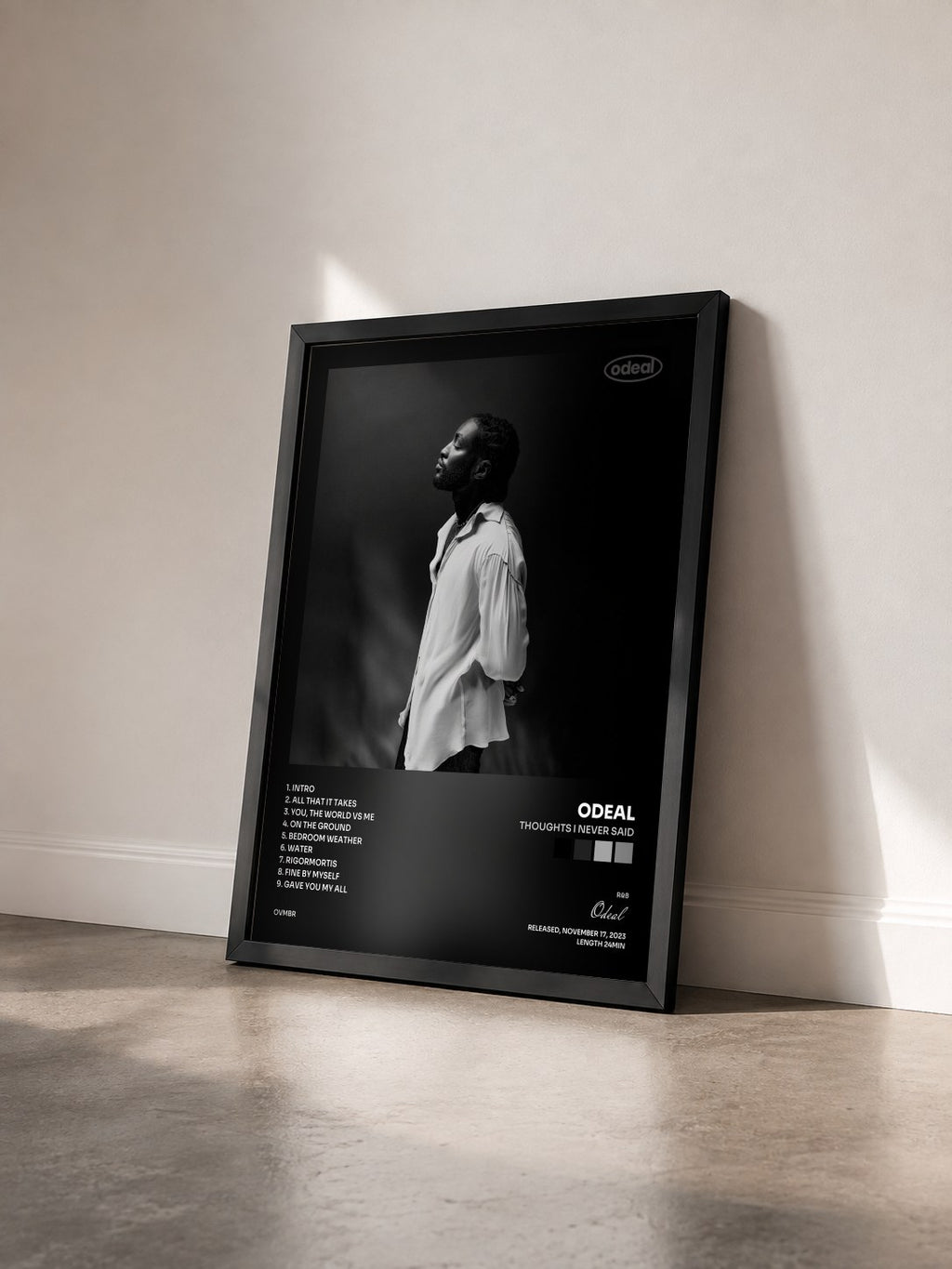 #noir Tableau de l'album Thoughts I Never Said de Odeal vu de trois quarts, cadre noir