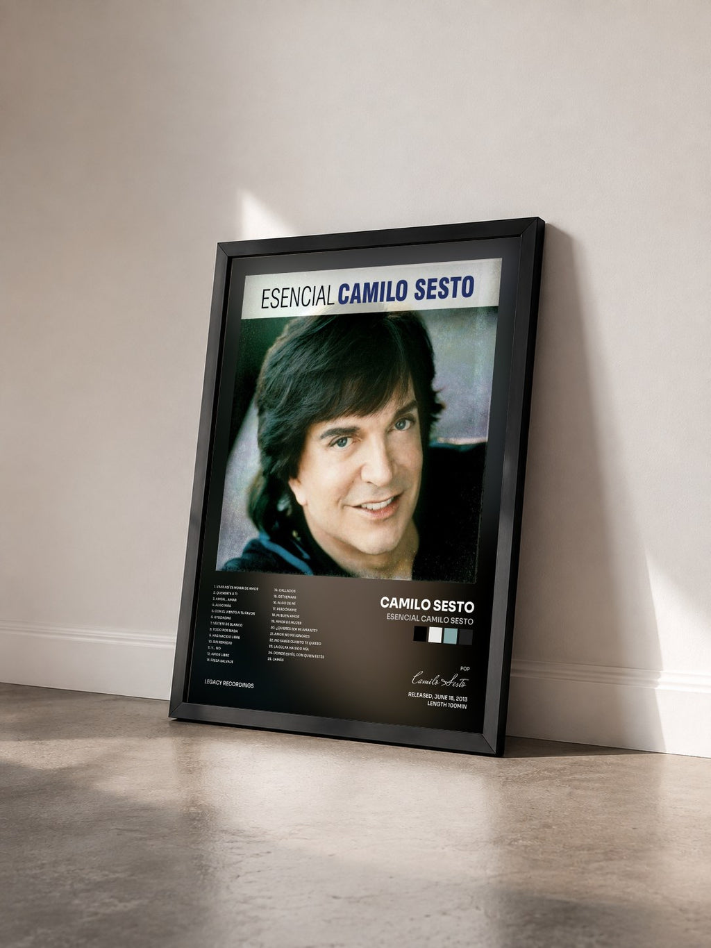 #noir Tableau de l'album Esencial Camilo Sesto de Camilo Sesto vu de trois quarts, cadre noir