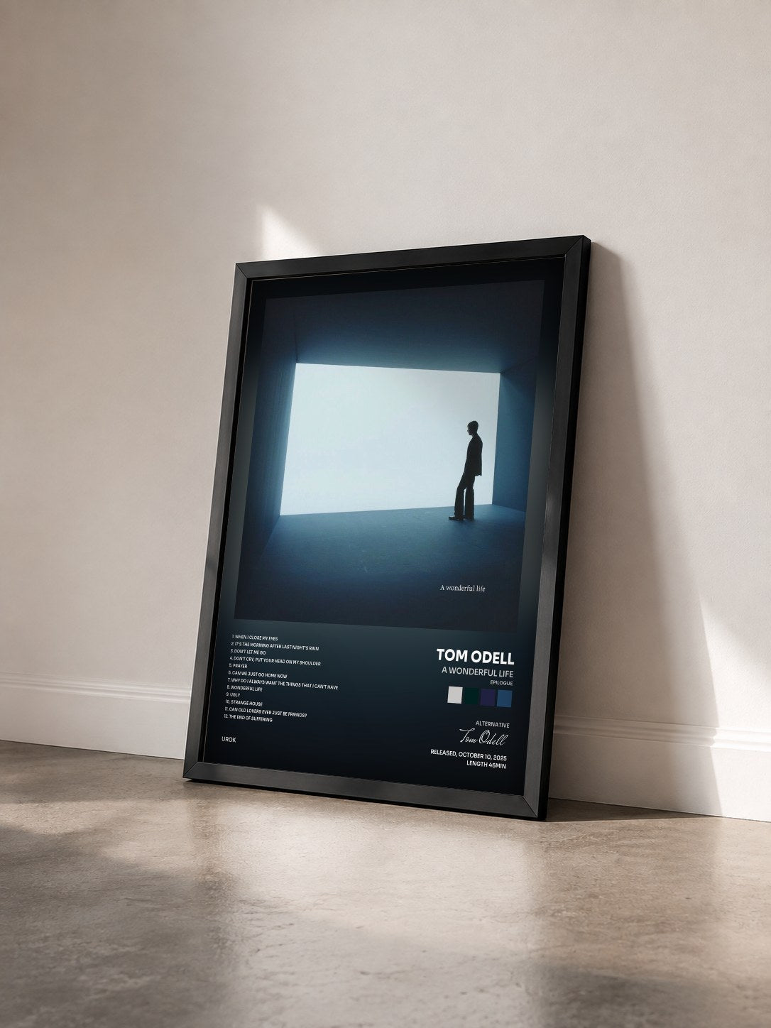 #noir Tableau de l'album A Wonderful Life (Epilogue) de Tom Odell vu de trois quarts, cadre noir