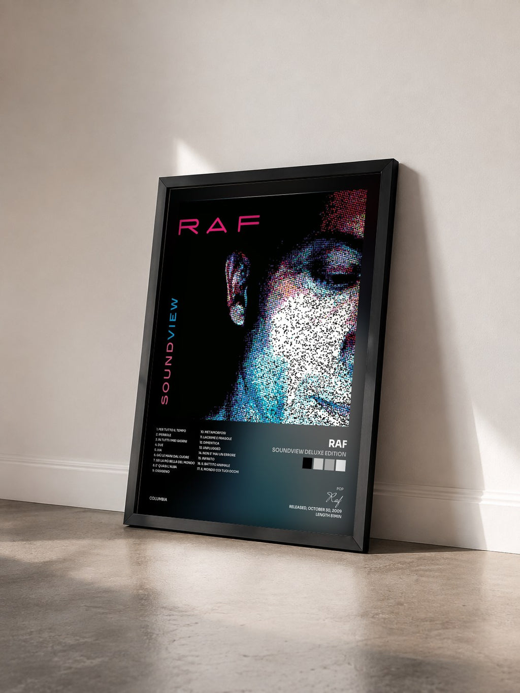 #noir Tableau de l'album Soundview Deluxe Edition de Raf vu de trois quarts, cadre noir