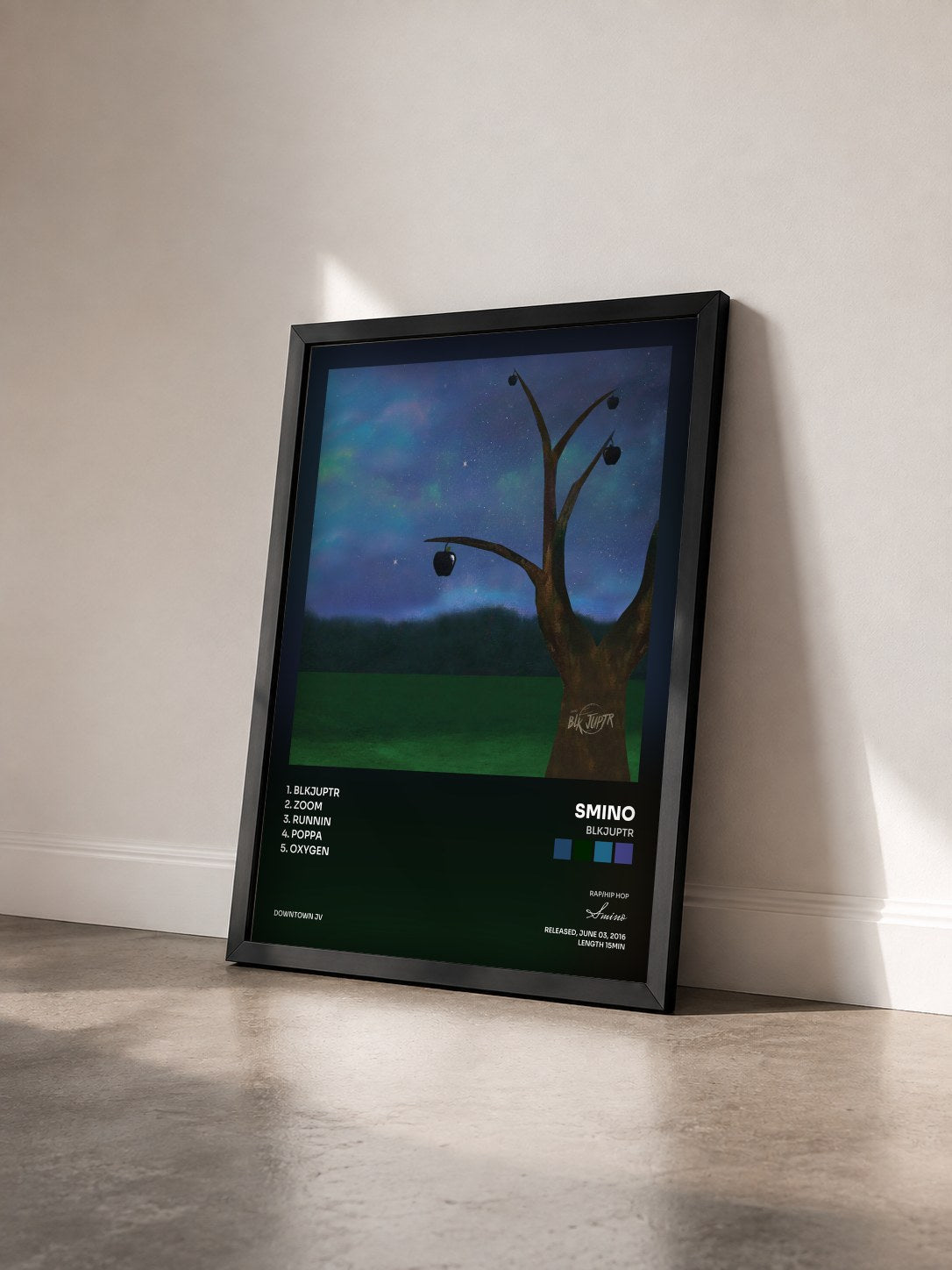 #noir Tableau de l'album blkjuptr de Smino vu de trois quarts, cadre noir