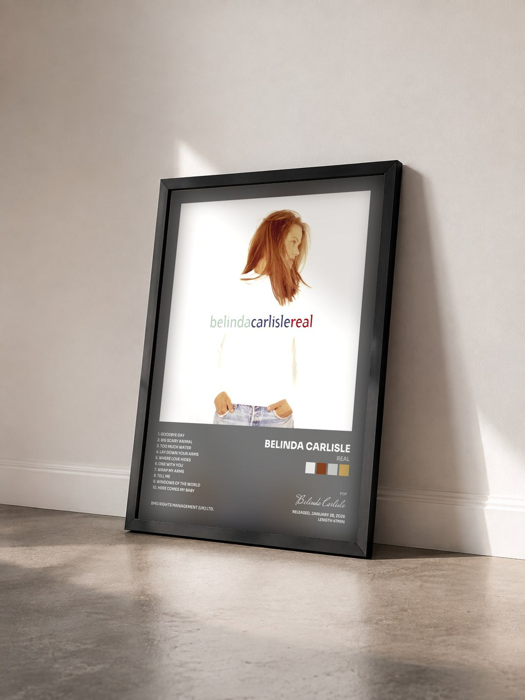 #noir Tableau de l'album Real de Belinda Carlisle vu de trois quarts, cadre noir