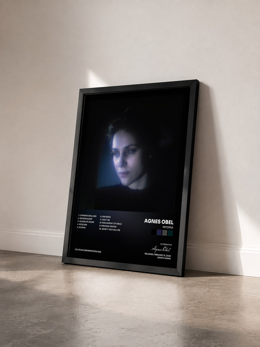 #noir Tableau de l'album Myopia de Agnes Obel vu de trois quarts, cadre noir