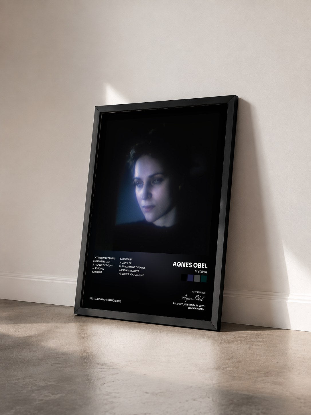 #noir Tableau de l'album Myopia de Agnes Obel vu de trois quarts, cadre noir