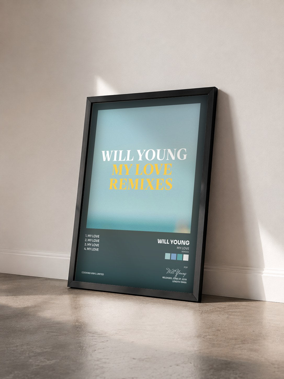 #noir Tableau de l'album My Love (Remixes) de Will Young vu de trois quarts, cadre noir