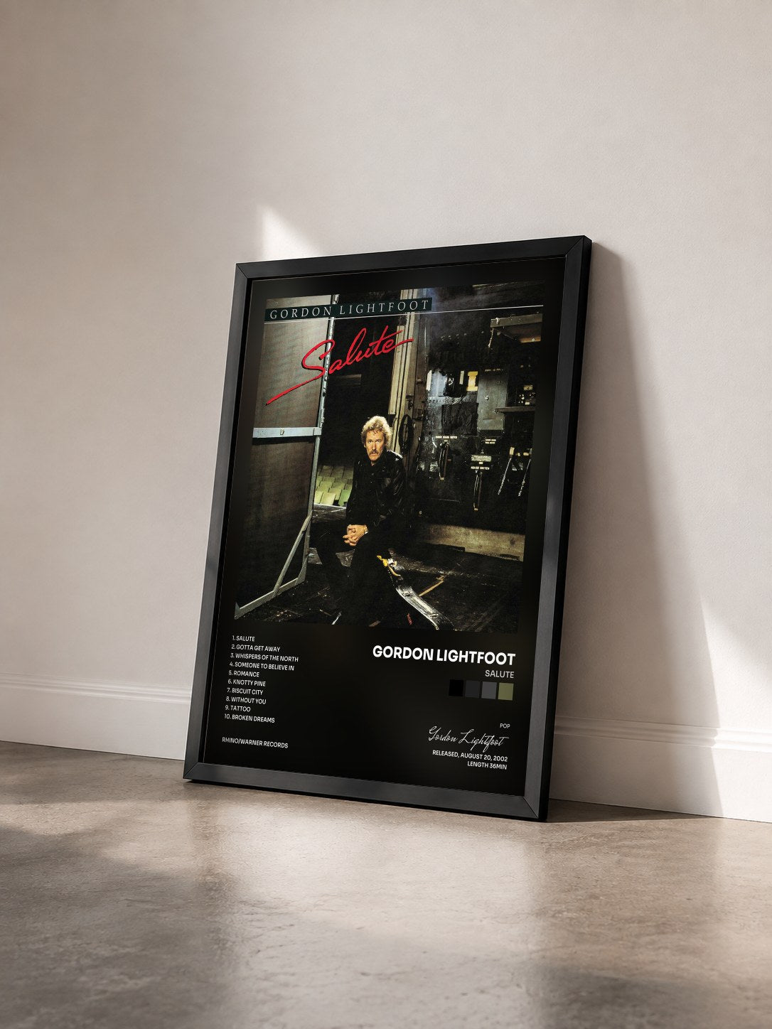 #noir Tableau de l'album Salute de Gordon Lightfoot vu de trois quarts, cadre noir