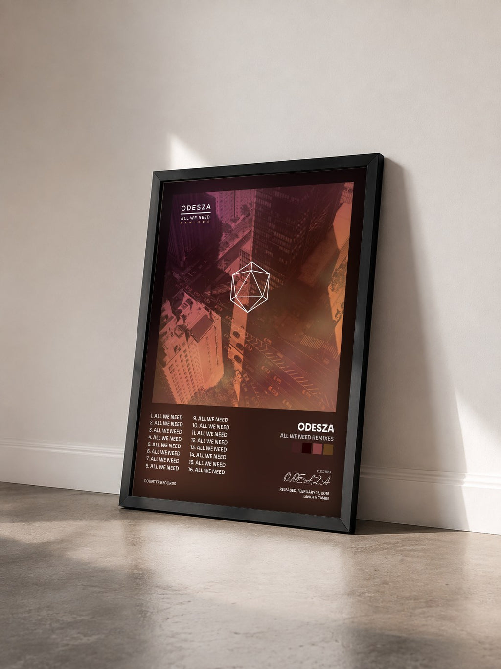 #noir Tableau de l'album All We Need Remixes de ODESZA vu de trois quarts, cadre noir