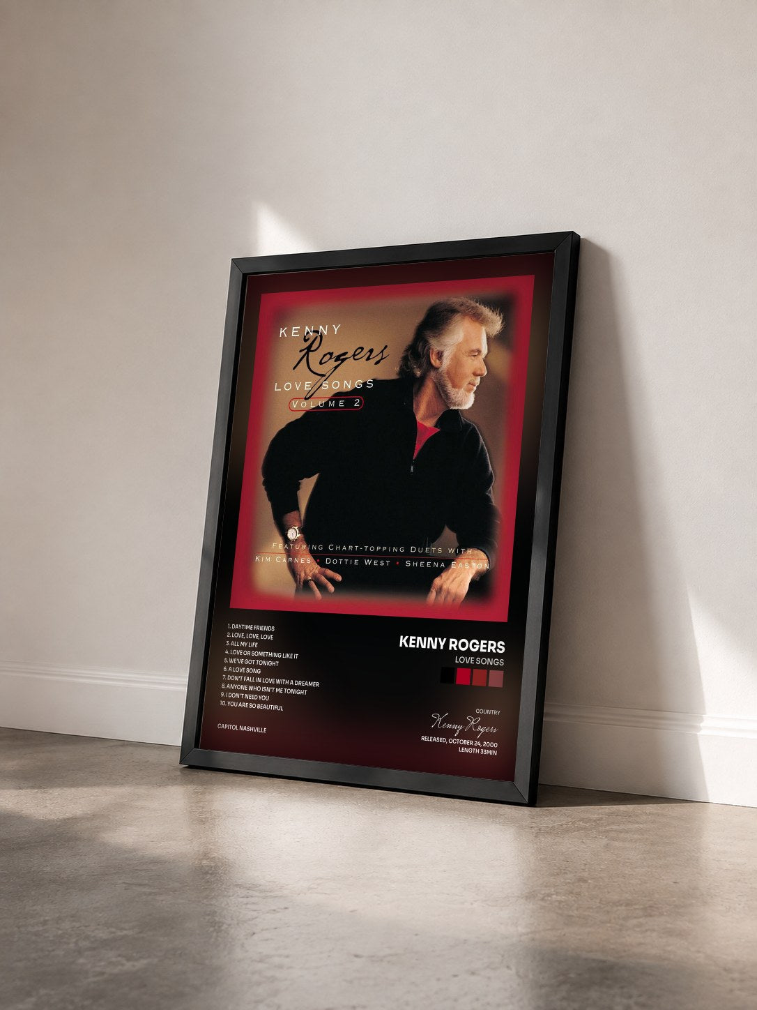 #noir Tableau de l'album Love Songs de Kenny Rogers vu de trois quarts, cadre noir