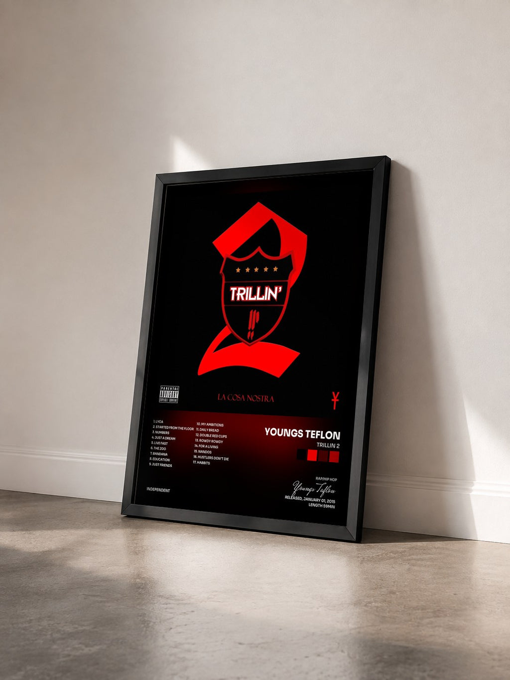 #noir Tableau de l'album Trillin 2 de Youngs Teflon vu de trois quarts, cadre noir