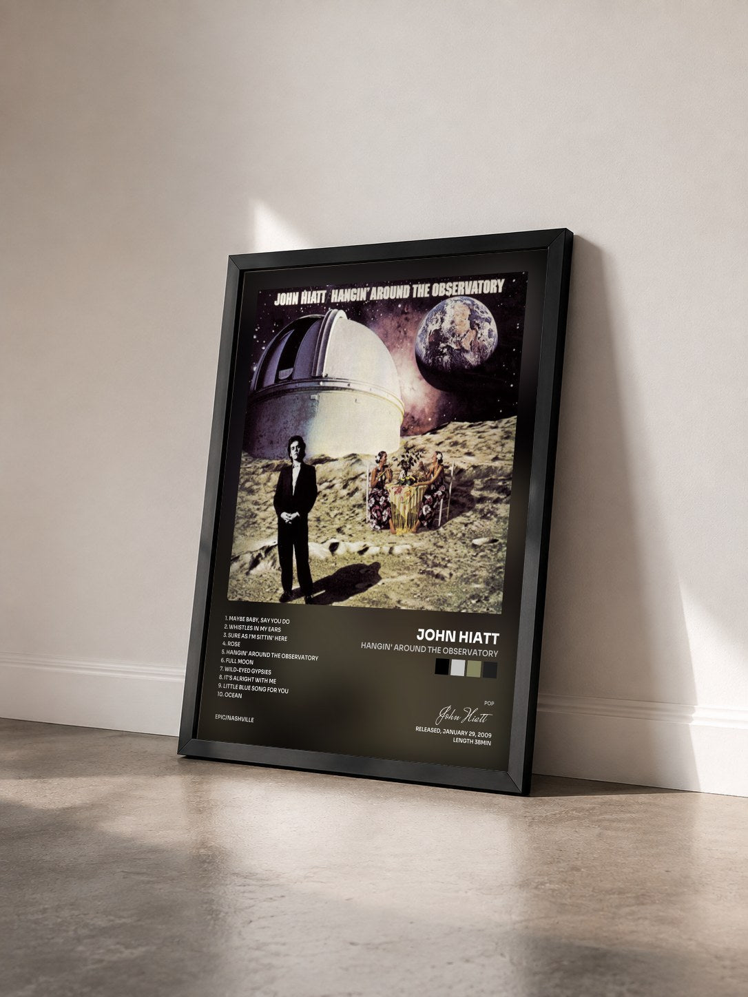 #noir Tableau de l'album Hangin' Around The Observatory de John Hiatt vu de trois quarts, cadre noir