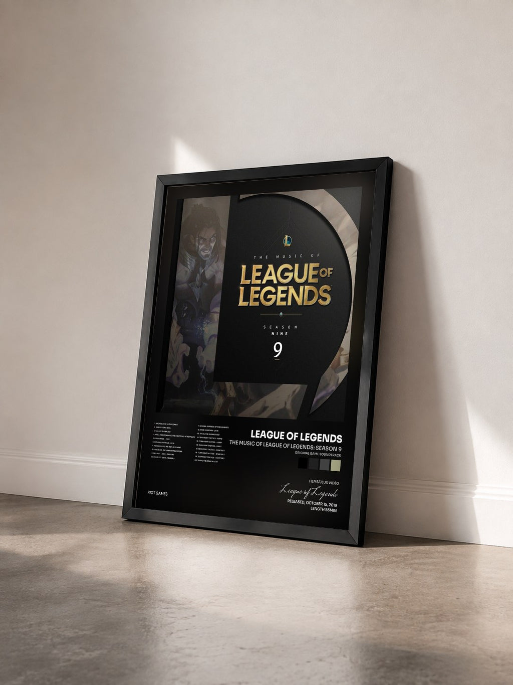 #noir The Music of League of Legends: Season 9 (Original Game Soundtrack) by League of Legends as a framed art print seen at an angle, black frame