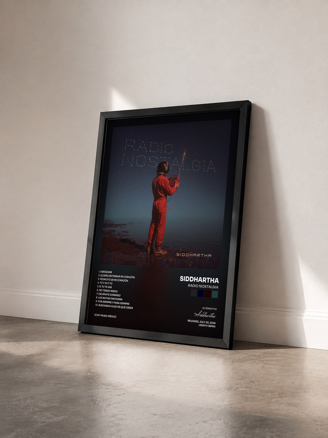 #noir Tableau de l'album Radio Nostalgia de Siddhartha vu de trois quarts, cadre noir