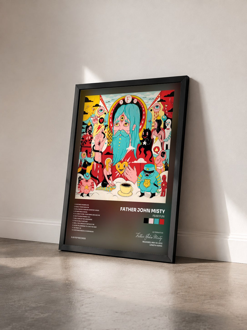 #noir Tableau de l'album Fear Fun de Father John Misty vu de trois quarts, cadre noir