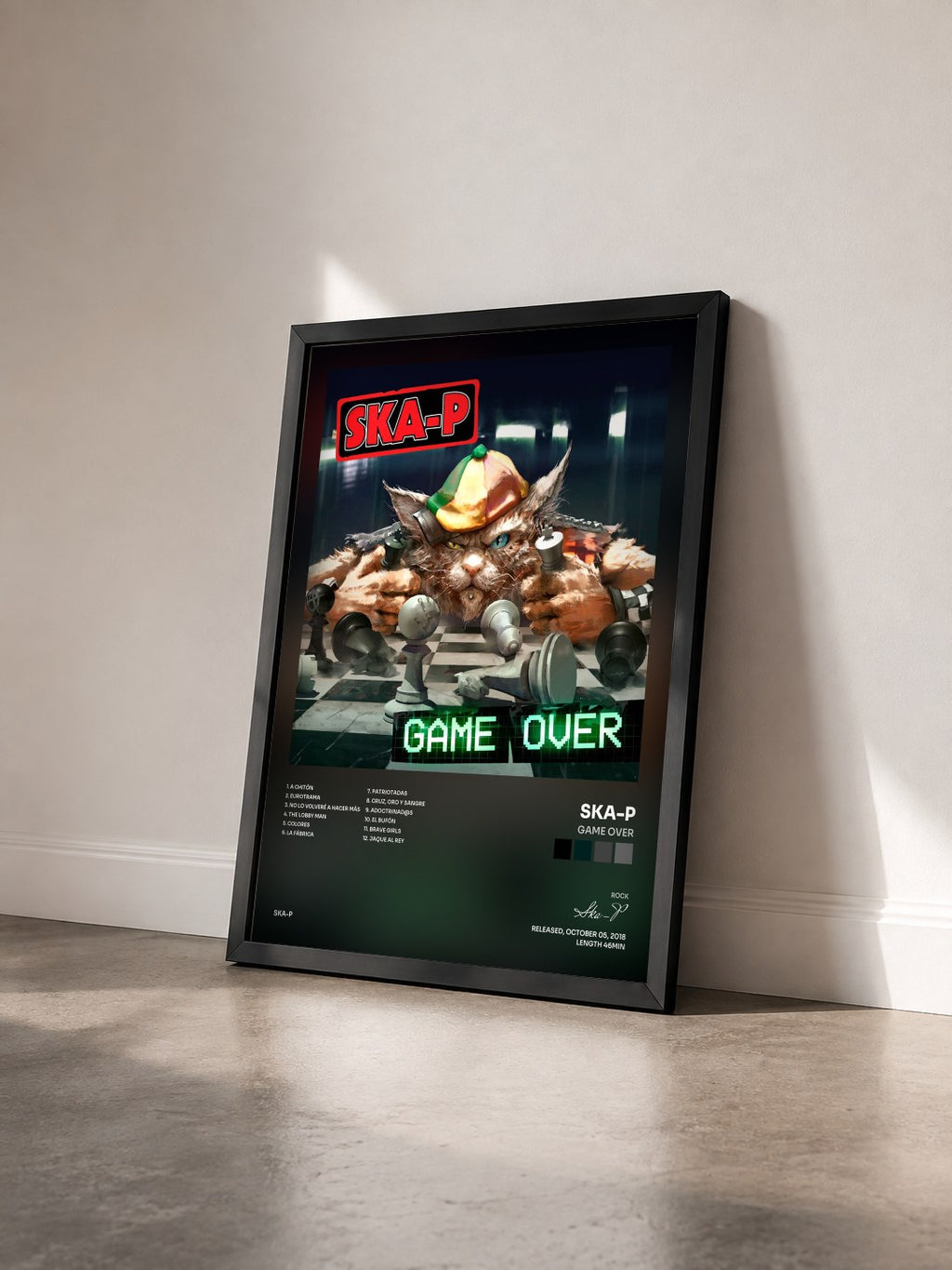 #noir Tableau de l'album Game Over de Ska-P vu de trois quarts, cadre noir