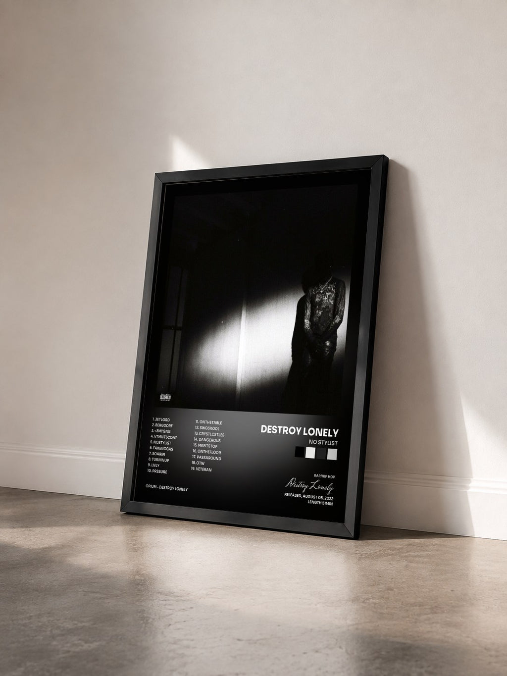 #noir Tableau de l'album NO STYLIST de Destroy Lonely vu de trois quarts, cadre noir
