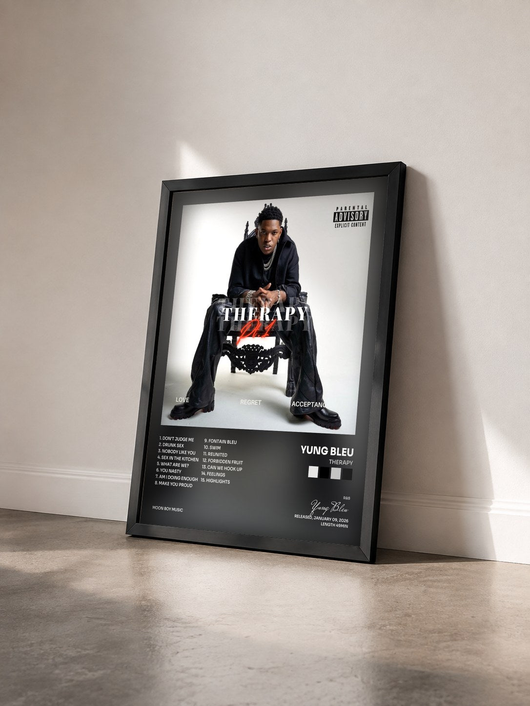 #noir Tableau de l'album THERAPY de Yung Bleu vu de trois quarts, cadre noir