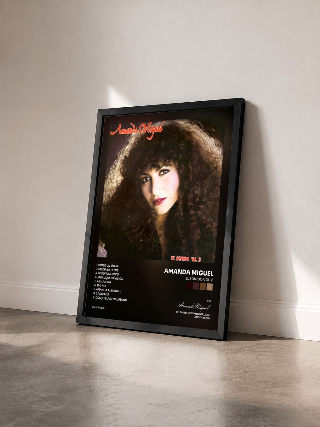 #noir Tableau de l'album El Sonido Vol. 2 de Amanda Miguel vu de trois quarts, cadre noir