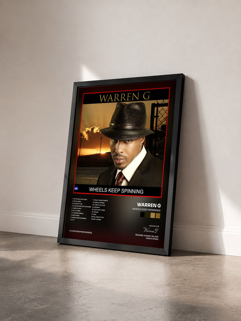 #noir Tableau de l'album Wheels Keep Spinning de Warren G vu de trois quarts, cadre noir