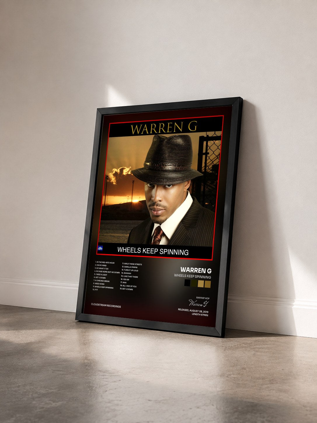 #noir Tableau de l'album Wheels Keep Spinning de Warren G vu de trois quarts, cadre noir