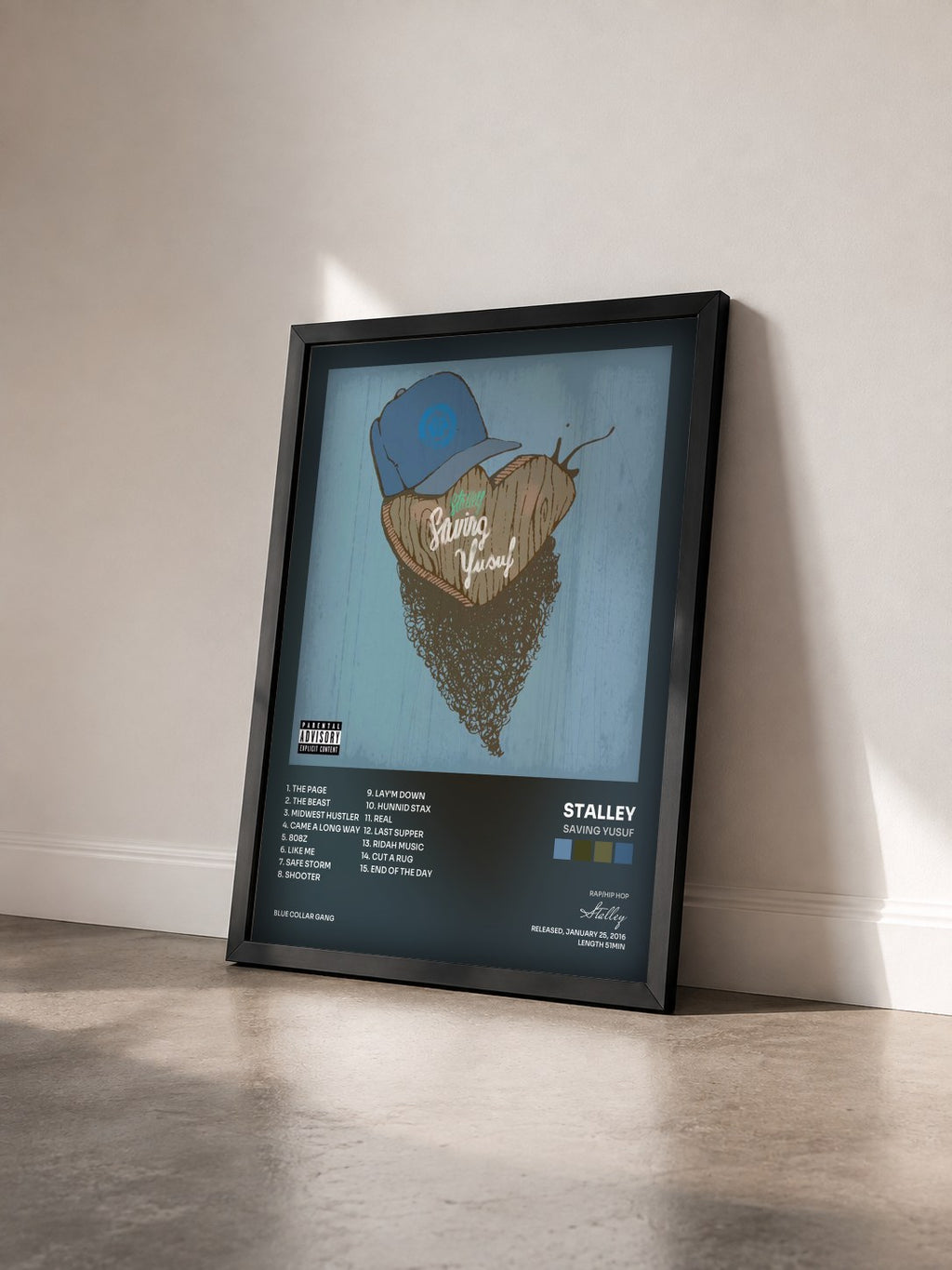 #noir Tableau de l'album Saving Yusuf de Stalley vu de trois quarts, cadre noir