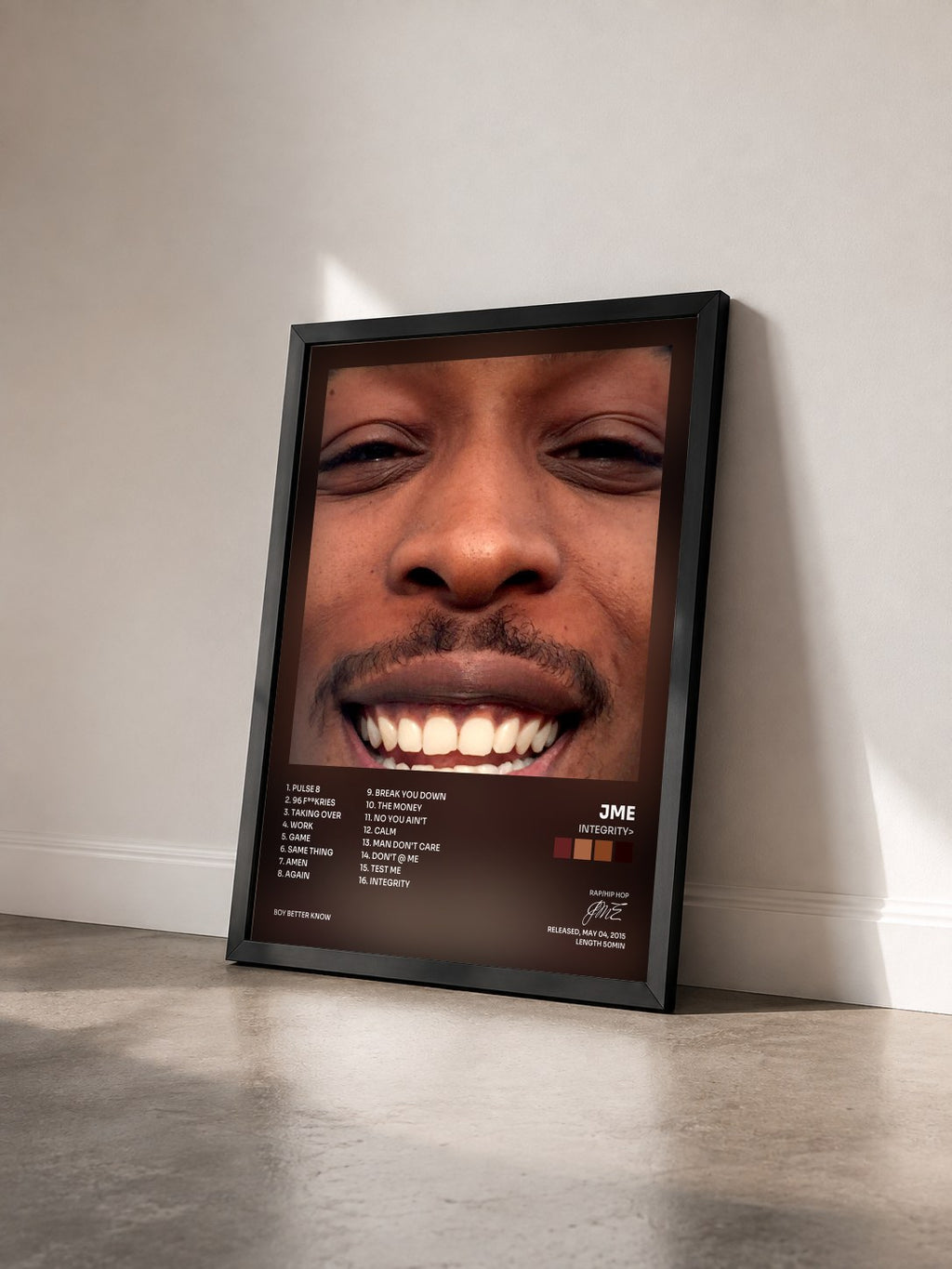 #noir Tableau de l'album Integrity> de JME vu de trois quarts, cadre noir