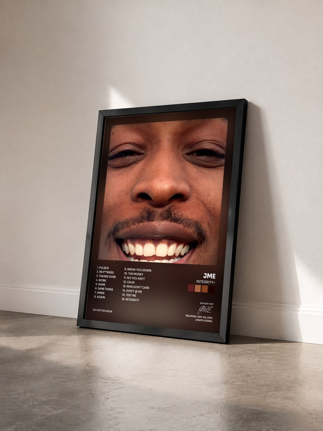 #noir Tableau de l'album Integrity> de JME vu de trois quarts, cadre noir