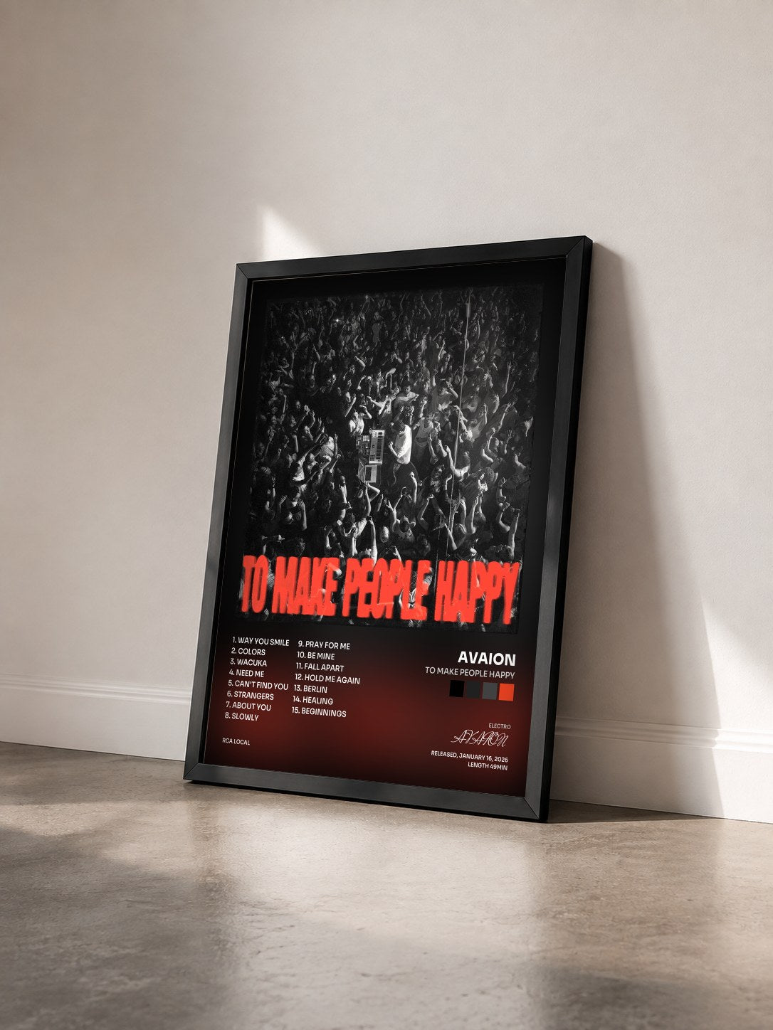 #noir Tableau de l'album TO MAKE PEOPLE HAPPY de AVAION vu de trois quarts, cadre noir