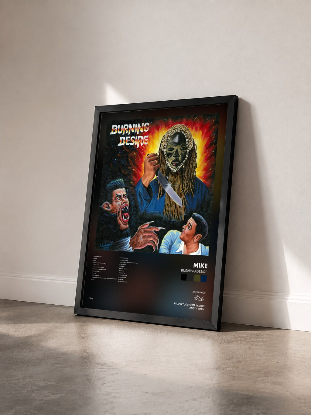 #noir Tableau de l'album Burning Desire de Mike vu de trois quarts, cadre noir