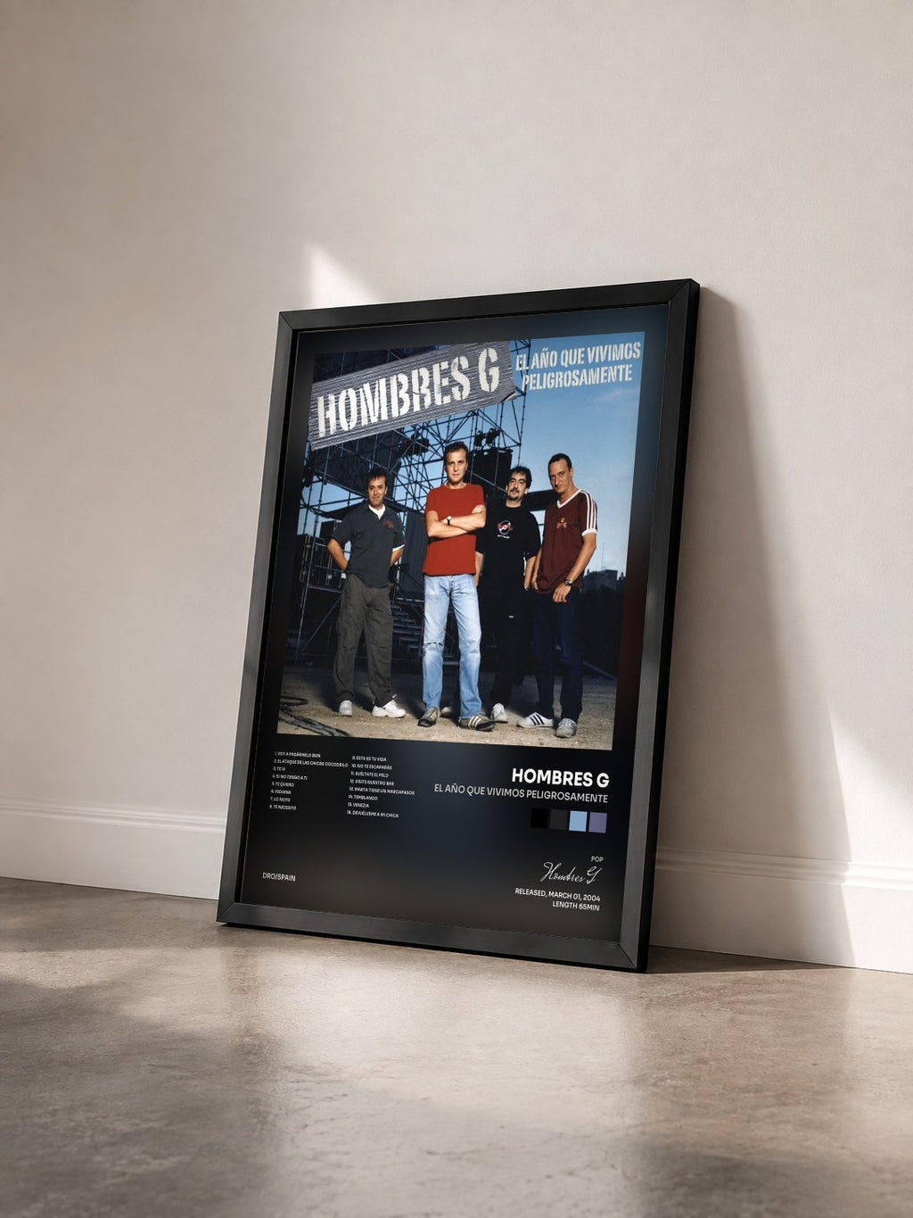 #noir Tableau de l'album El año que vivimos peligrosamente de Hombres G vu de trois quarts, cadre noir