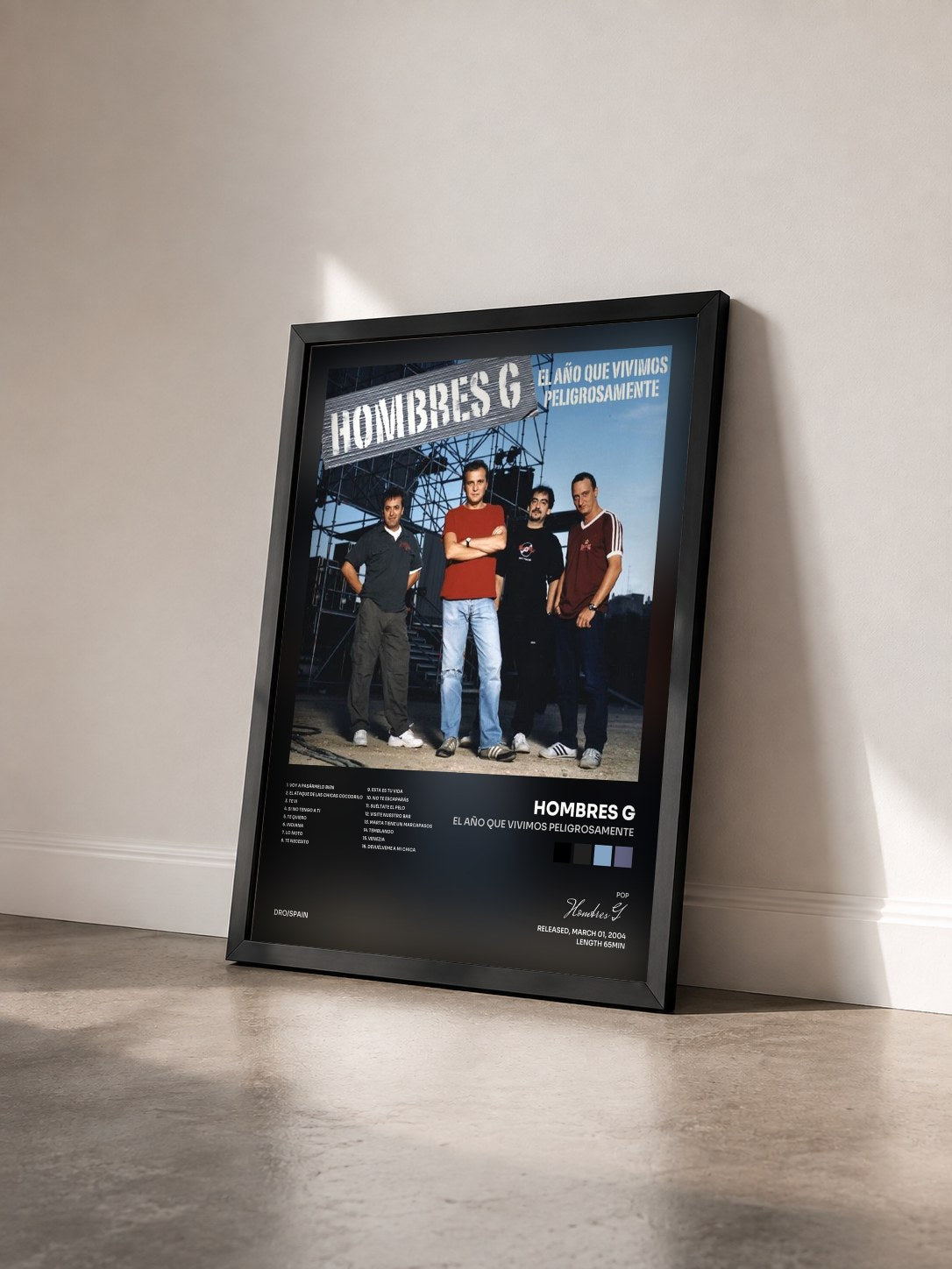 #noir Tableau de l'album El año que vivimos peligrosamente de Hombres G vu de trois quarts, cadre noir