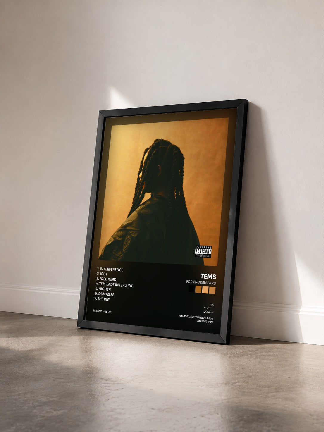 #noir Tableau de l'album For Broken Ears de Tems vu de trois quarts, cadre noir