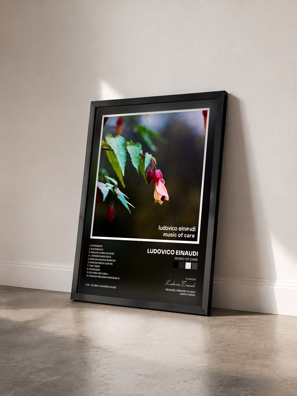 #noir Tableau de l'album Music of Care de Ludovico Einaudi vu de trois quarts, cadre noir