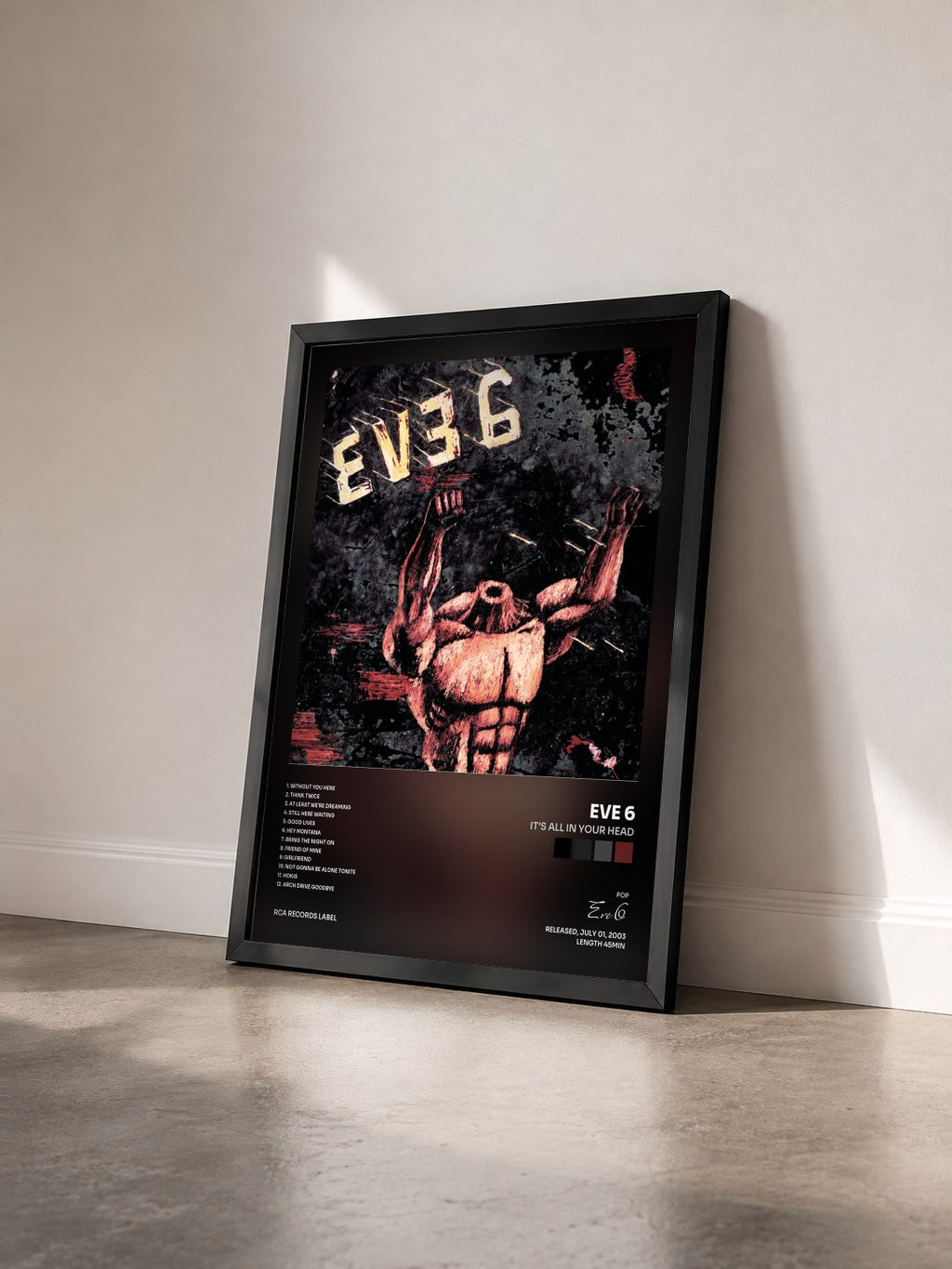 #noir Tableau de l'album It's All In Your Head de Eve 6 vu de trois quarts, cadre noir