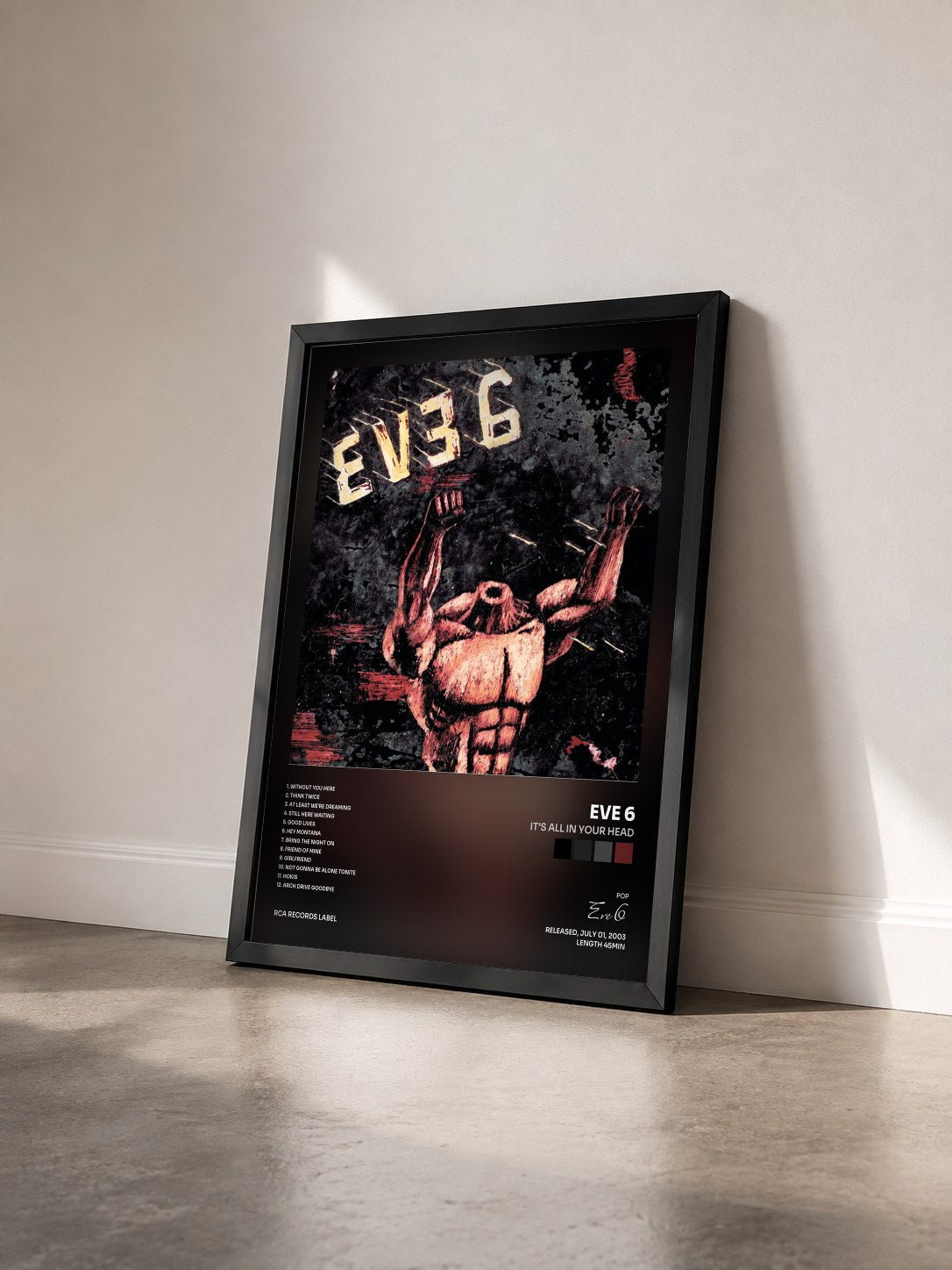#noir Tableau de l'album It's All In Your Head de Eve 6 vu de trois quarts, cadre noir