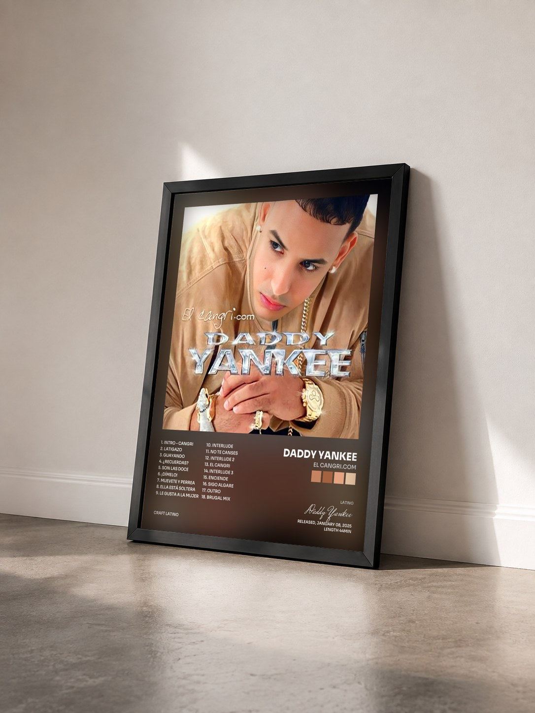 #noir Tableau de l'album El Cangri.com de Daddy Yankee vu de trois quarts, cadre noir