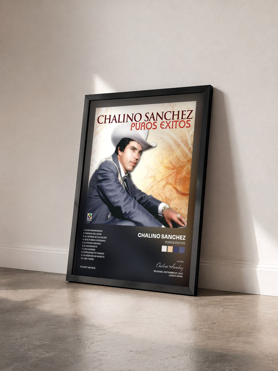 #noir Tableau de l'album Puros Éxitos de Chalino Sanchez vu de trois quarts, cadre noir