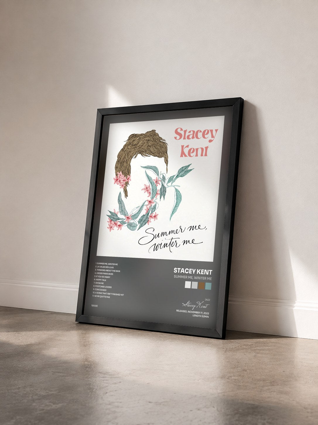 #noir Tableau de l'album Summer Me, Winter Me de Stacey Kent vu de trois quarts, cadre noir