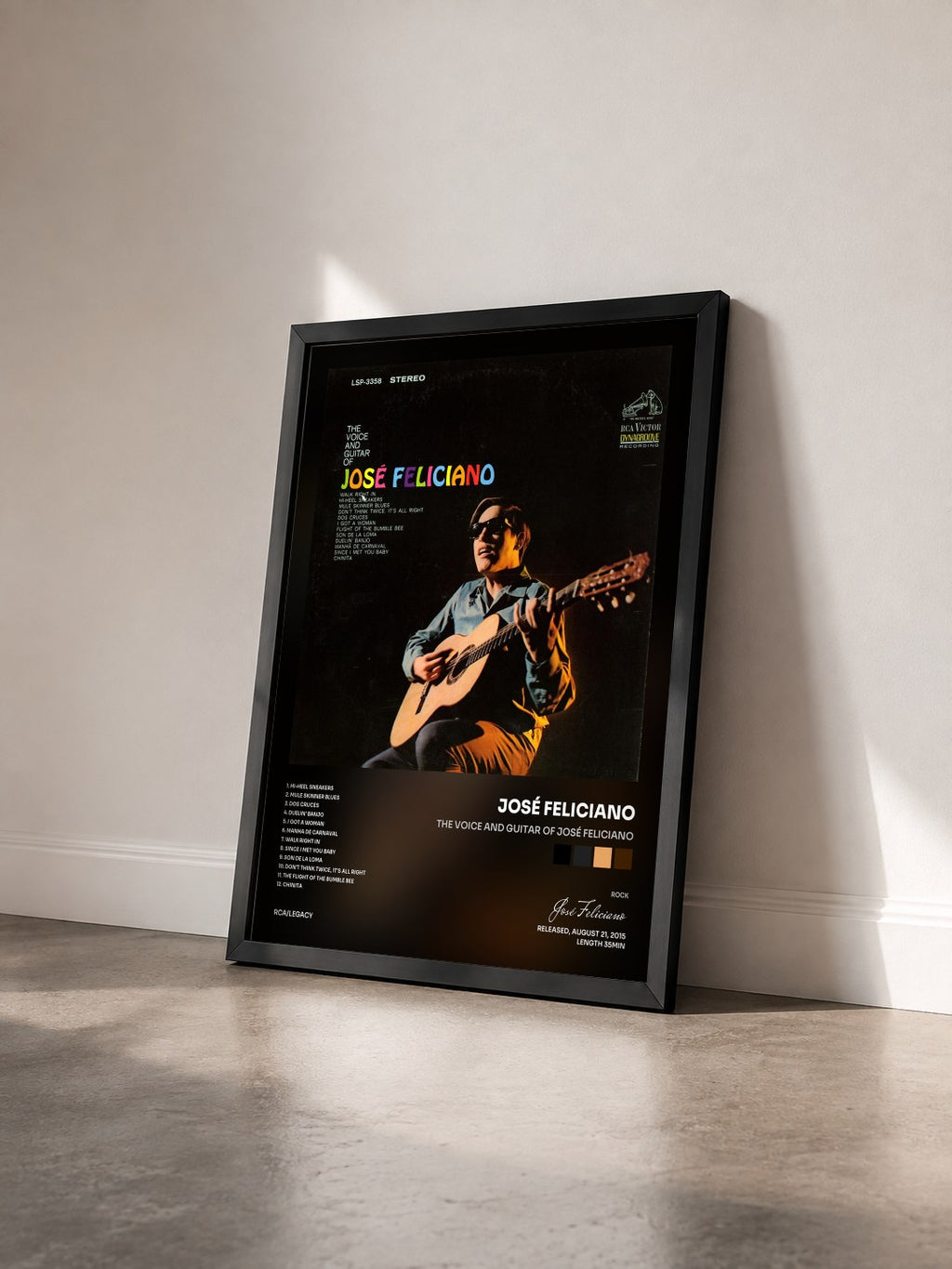 #noir The Voice and Guitar of José Feliciano by José Feliciano as a framed art print seen at an angle, black frame
