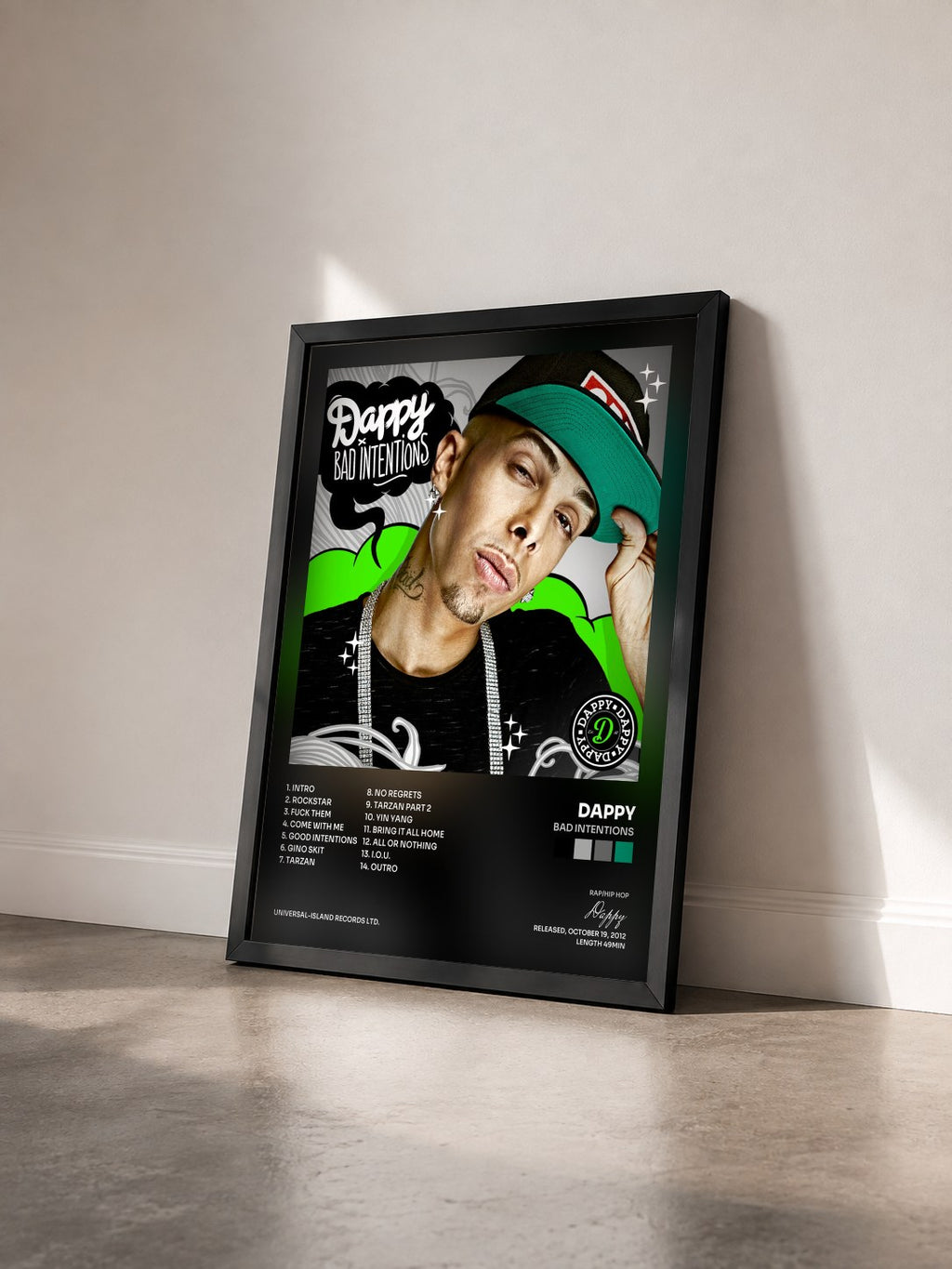 #noir Tableau de l'album Bad Intentions de Dappy vu de trois quarts, cadre noir