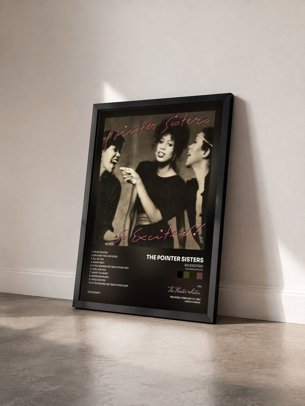 #noir Tableau de l'album So Excited! (Expanded Edition) de The Pointer Sisters vu de trois quarts, cadre noir