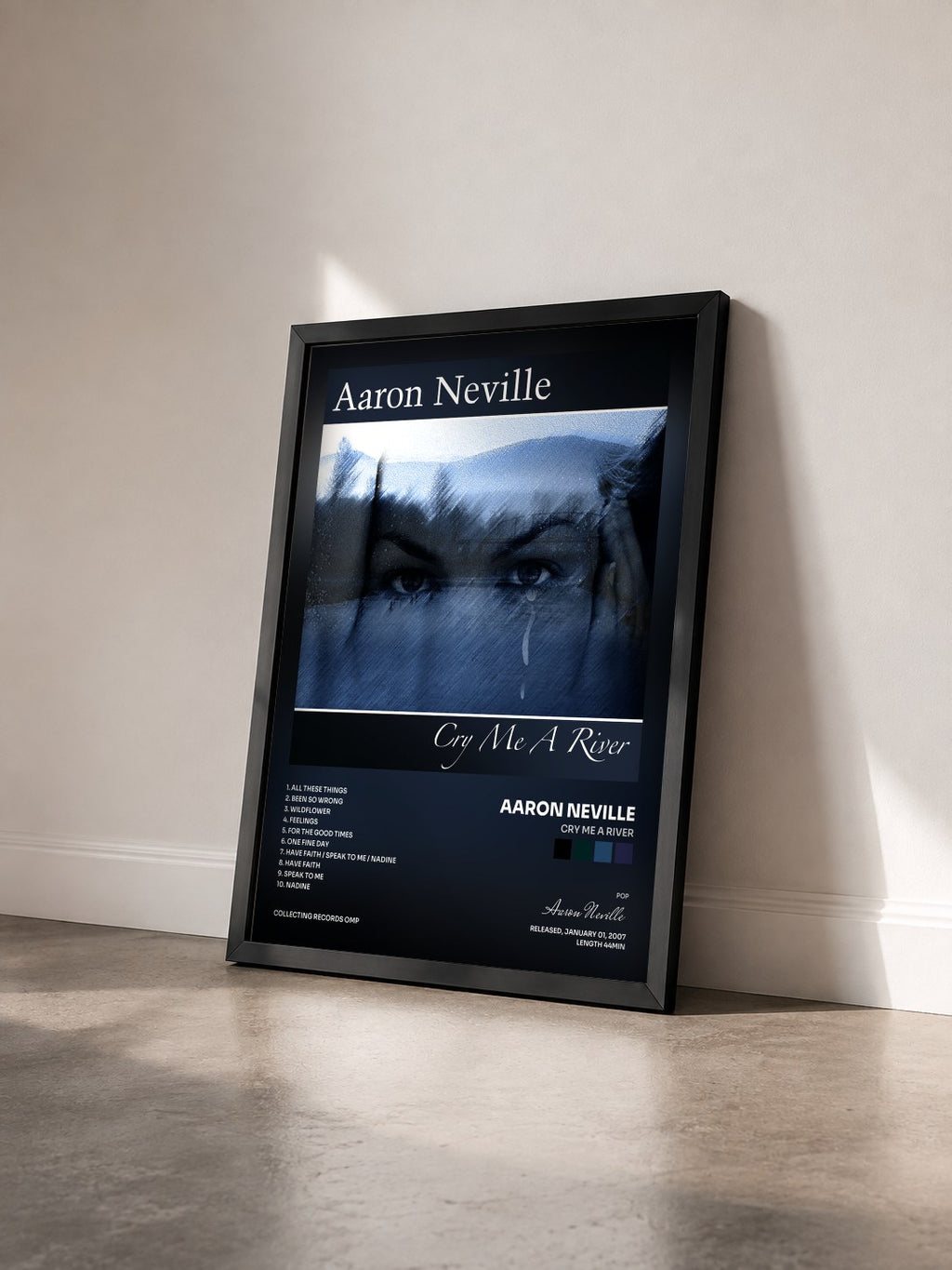 #noir Tableau de l'album Cry Me A River de Aaron Neville vu de trois quarts, cadre noir