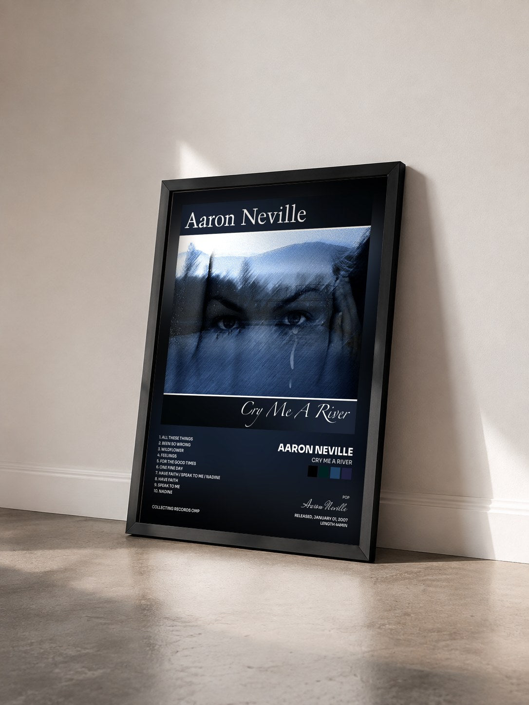 #noir Tableau de l'album Cry Me A River de Aaron Neville vu de trois quarts, cadre noir