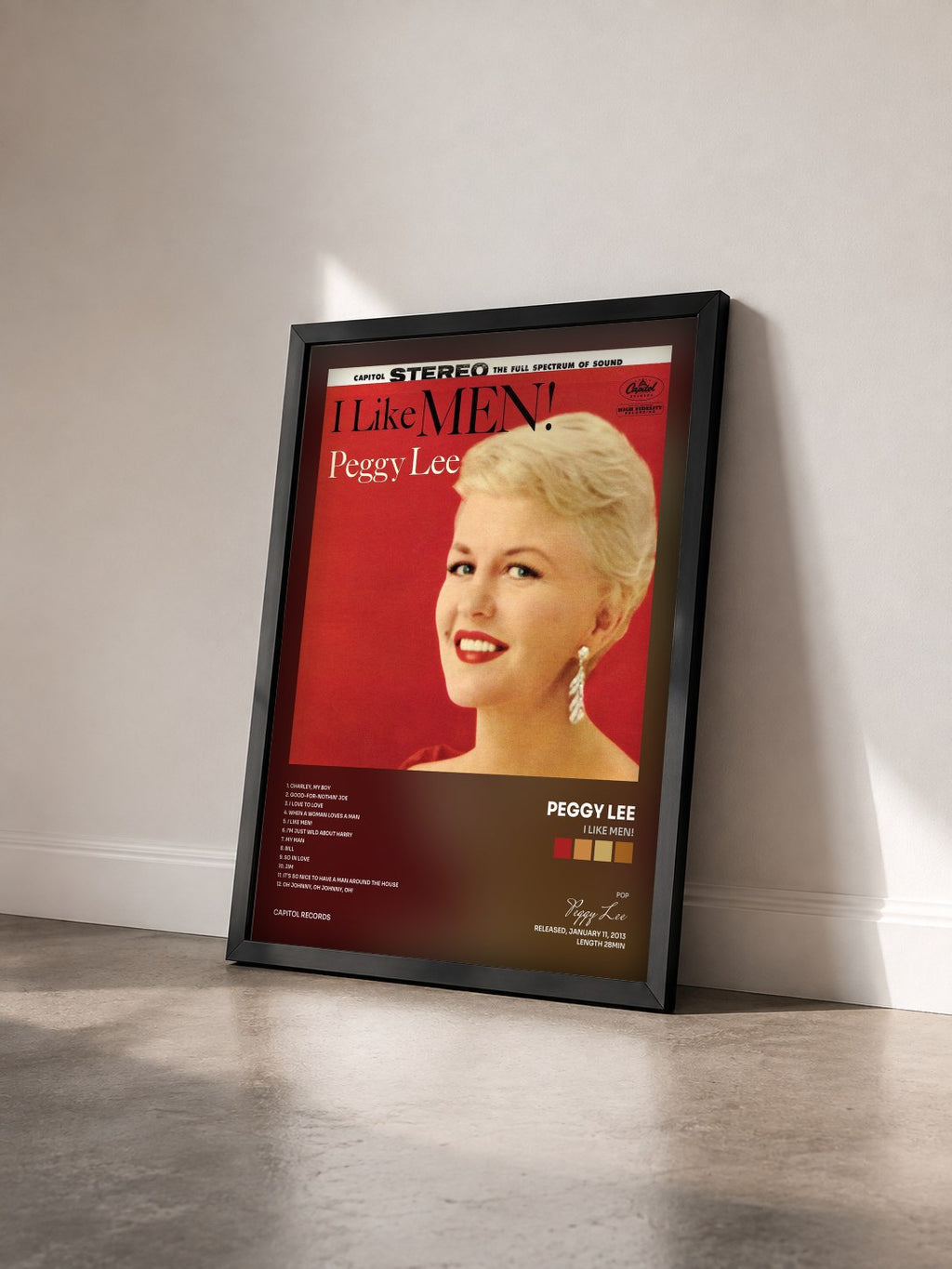 #noir Tableau de l'album I Like Men! de Peggy Lee vu de trois quarts, cadre noir
